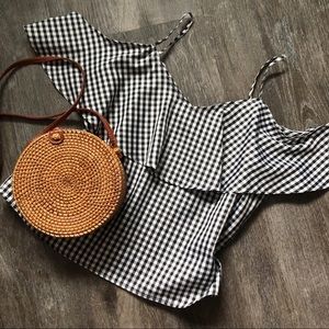 Black + White Gingham Cold-Shoulder Top
